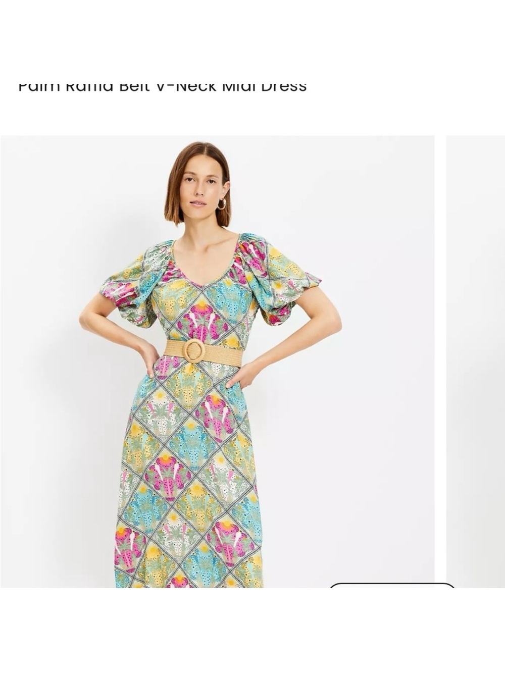 Loft Loft Palm Raffia Belt V-Neck Midi dress